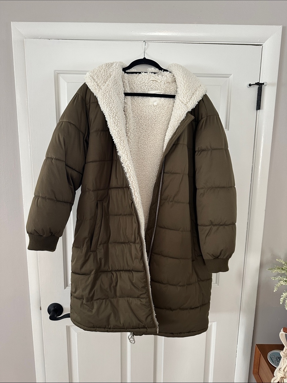 Avec Les Filles Olive Green Sherpa-Lined Long Puffer Coat